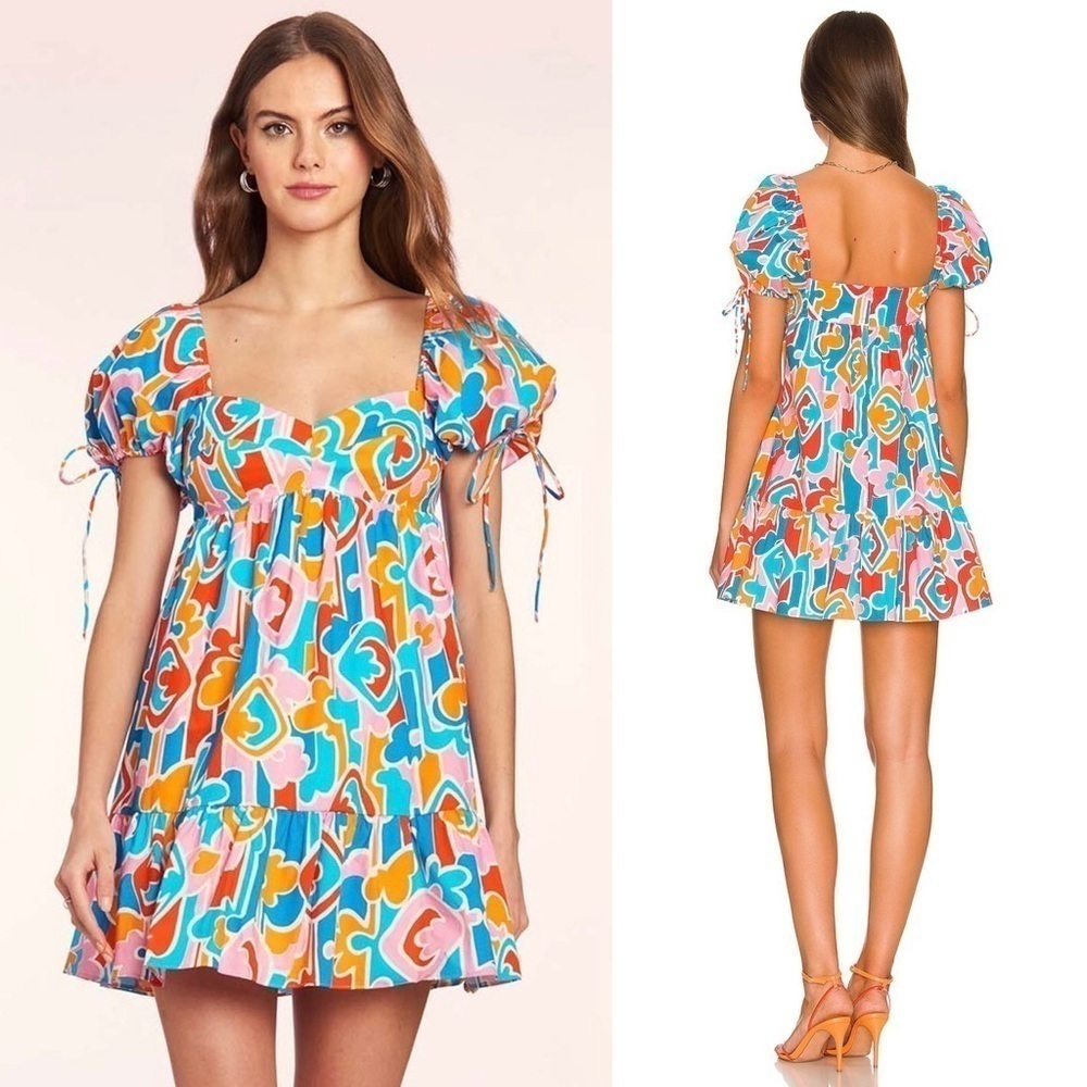 AMANDA UPRICHARD 90s Abstract Graphic Print Puff Short Sleeve Babydoll Dress L‎ - Picture 6 of 16